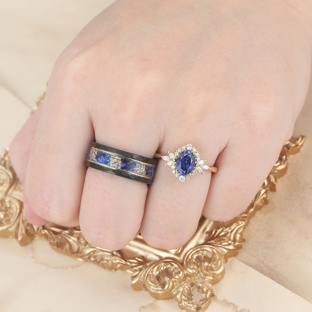 Ensemble personnalisé de couples avec bague cluster de fiançailles en saphir bleu antique et bagues assorties en tungstène