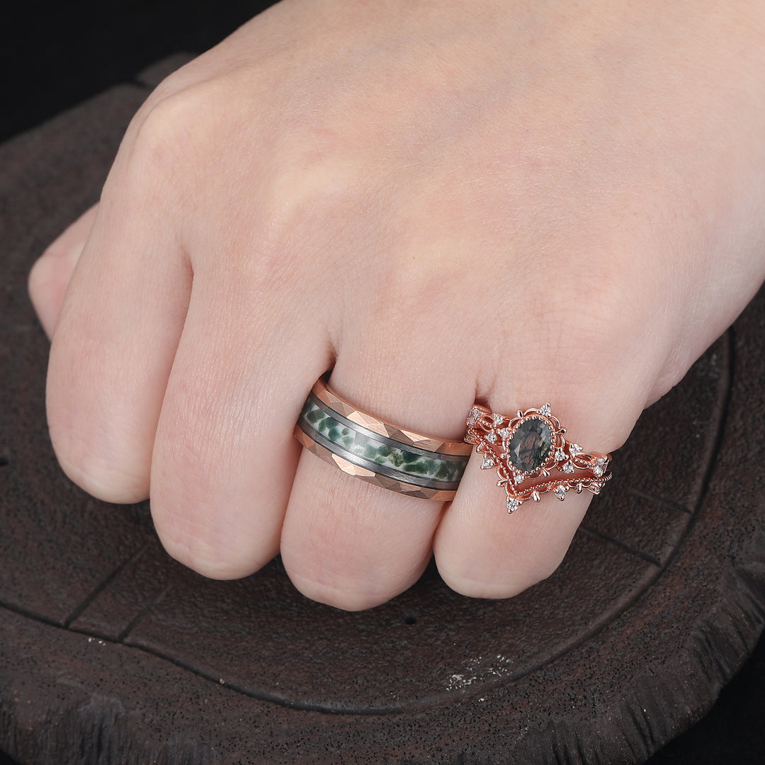 Antique Oval Moss Agate Filigreed Couple Ring Set Rose Gold Plated Milgrained His and Hers Ring