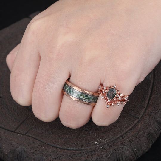 Antique Oval Moss Agate Filigreed Couple Ring Set Rose Gold Plated Milgrained His and Hers Ring