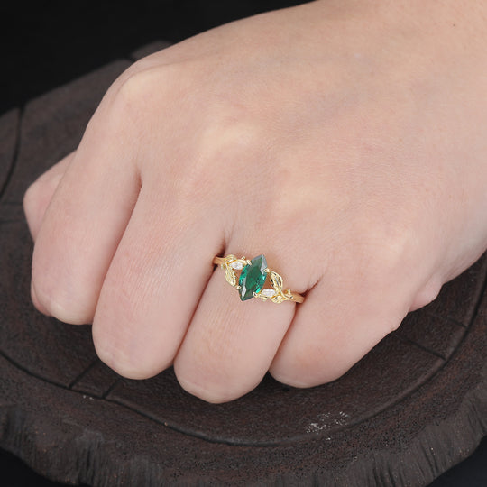 Handgemaakte Bladrankring Met 1 ct Marquise Smaragd, Verlovingsring Voor Vrouwen, Natuurgeïnspireerde Trouwring