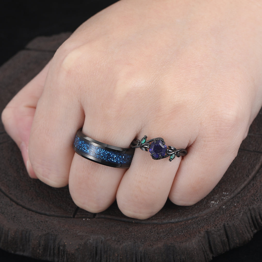 Dainty Openwork Vine Galaxy Sandstone Engagement Couple Rings Matching Tungsten Anniversary Wedding Ring