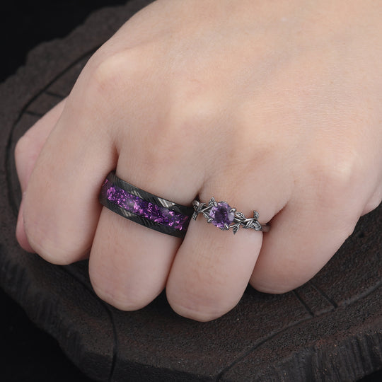 Ensemble de bagues de fiançailles pour couples en améthyste naturelle taille ronde 0,8CT feuille