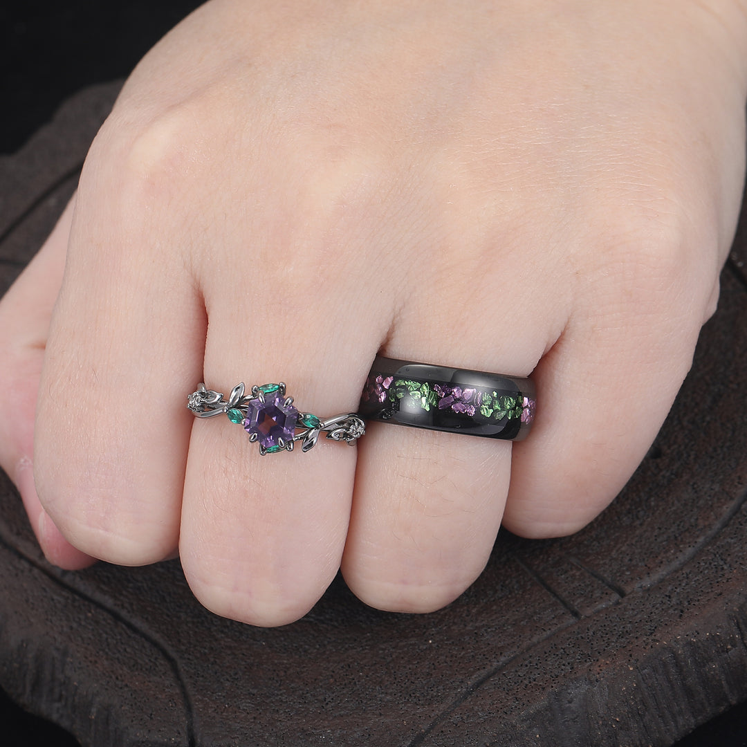 Bague assortie pour lui et elle en améthyste avec design de feuille de branche, bague de couple inspirée par la nature