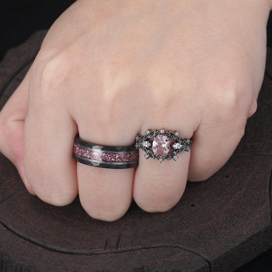 2 pièces Bagues couple style feuille en morganite rose, ensemble de bagues de mariage en argent S925 et tungstène plaqué noir
