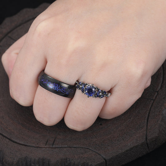 Unique Sapphire Sprigs Engagement His And Hers Wedding Bands Blue Polished Dome Tungsten Rings For Couples