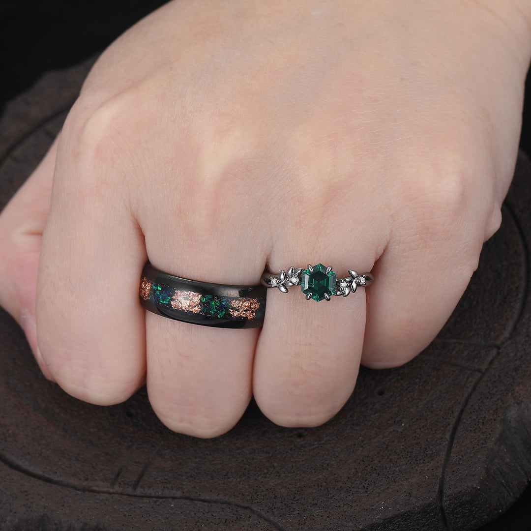 Prong Setting Emerald Wheat Shape Engagement Couple Rings Modern Anniversary His And Hers Wedding Band