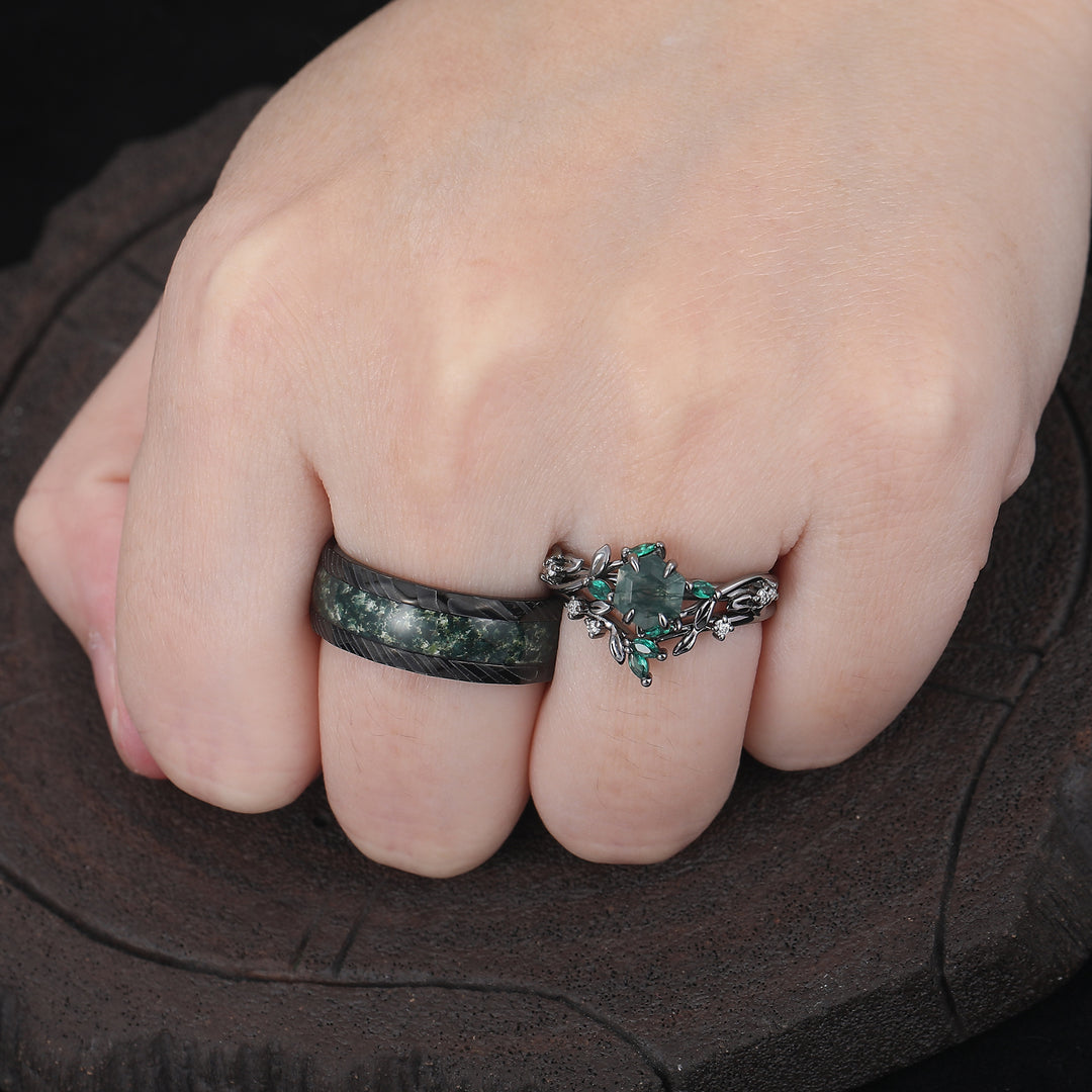 Exquisite Moss Agate Sprigs Engagement Couple Rings Set Promise  Green Damascus Steel Matching Wedding Rings