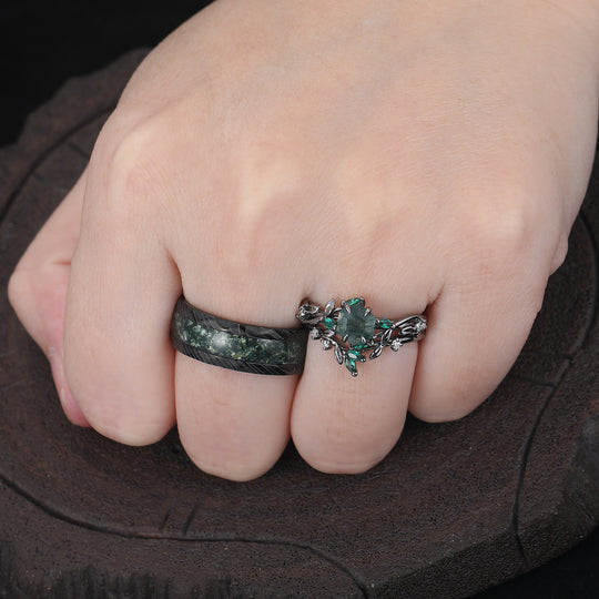 Exquisite Moss Agate Sprigs Engagement Couple Rings Set Promise  Green Damascus Steel Matching Wedding Rings