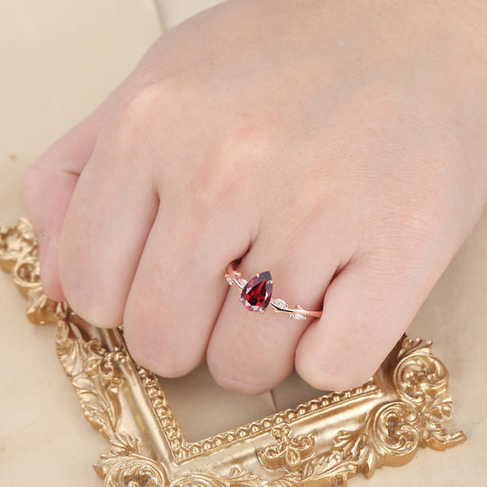 Vintage Leaf Vines 14k Solid Gold Pear Cut Natural Red Garnet Dianmond Ring -  Esdomera.com