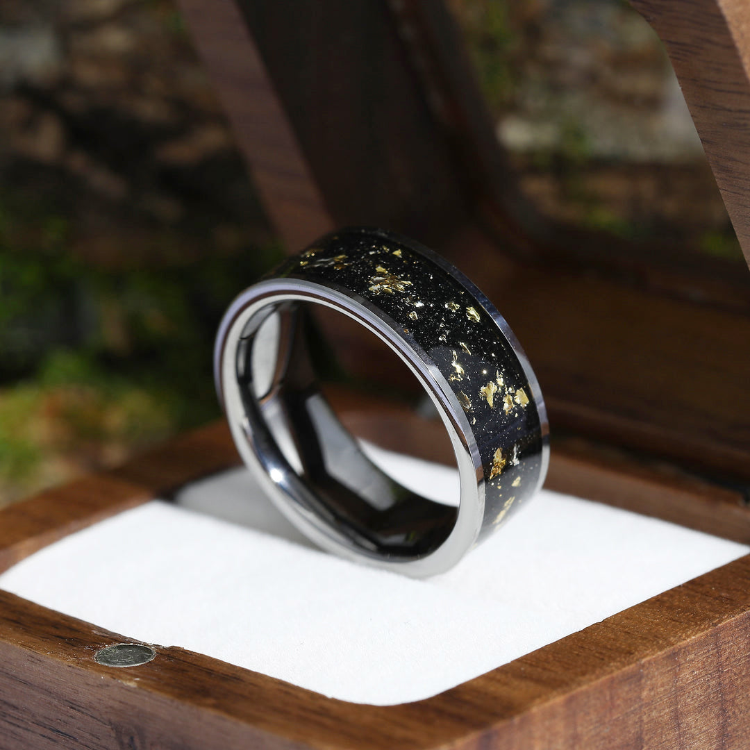 Crushed Gold Leaf Black Tungsten Forever Rings for Friends Polished Friendship Band Rings