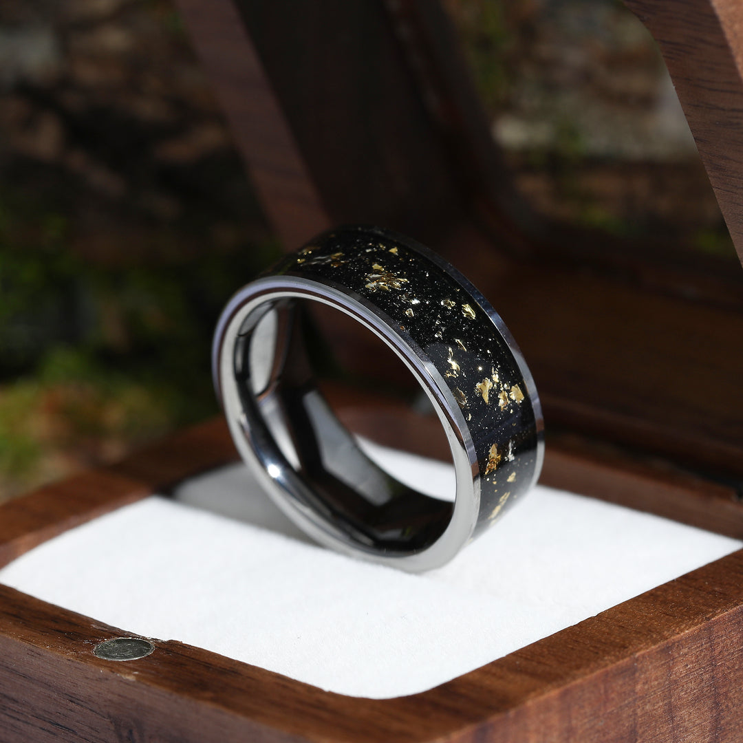 18K Gold Leaf Black Inlay Wide Tungsten Matching Rings for Friends 8mm Silver Tungsten Ring