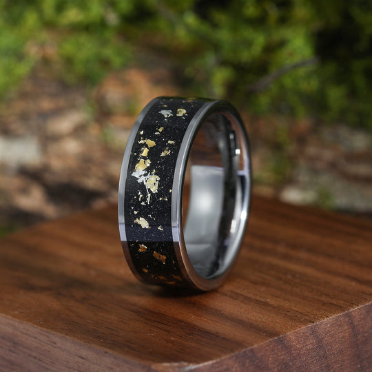 18K Gold Leaf Black Inlay Wide Tungsten Matching Rings for Friends 8mm Silver Tungsten Ring