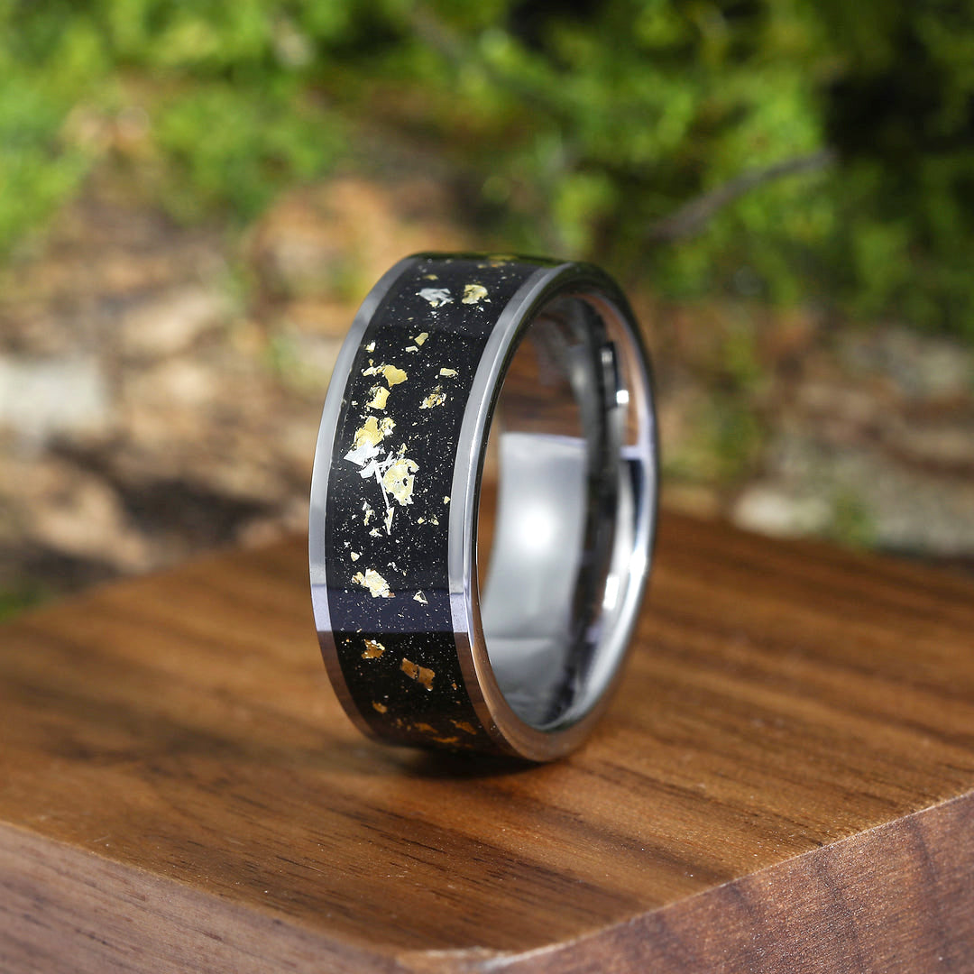 Crushed Gold Leaf Black Tungsten Forever Rings for Friends Polished Friendship Band Rings