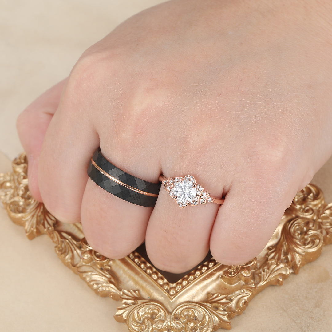 Round Moissanite Leaf Engraved Couple Rings Sterling Silver Matching Rings