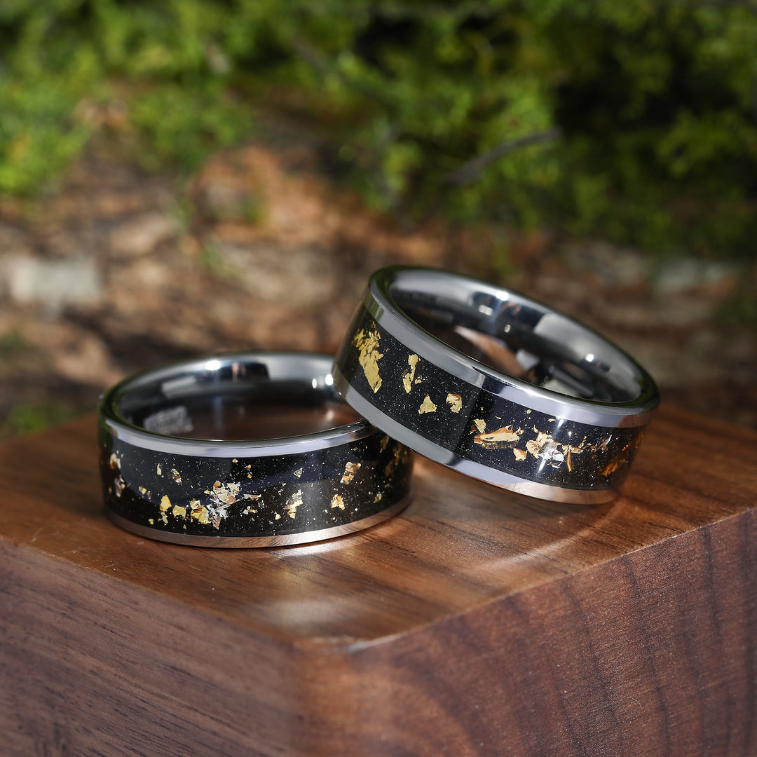 18K Gold Leaf Black Inlay Wide Tungsten Matching Rings for Friends 8mm Silver Tungsten Ring