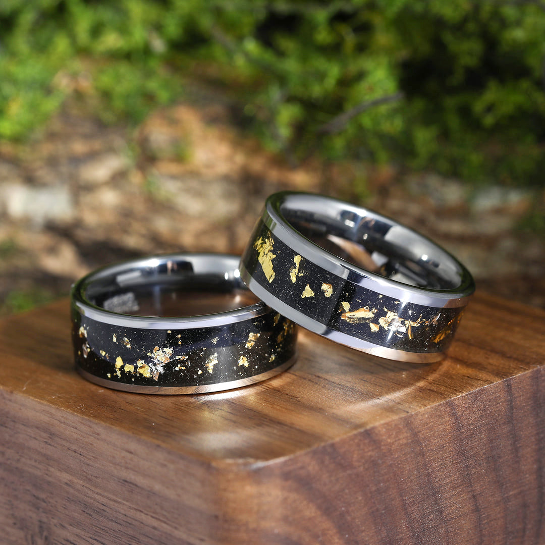 Crushed Gold Leaf Black Tungsten Forever Rings for Friends Polished Friendship Band Rings