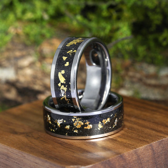 Crushed Gold Leaf Black Tungsten Forever Rings for Friends Polished Friendship Band Rings