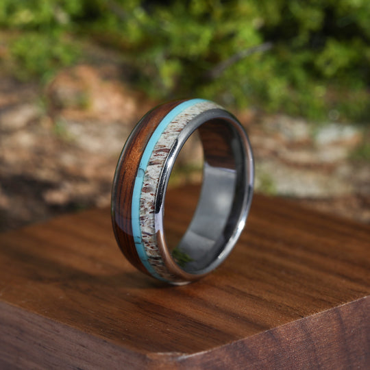 Deer Antler Hawaiian Koa Wood Turquoise Tungsten Wedding Band Tungsten Carbide Ring Men’s Anniversary Ring Unisex Ring Gift