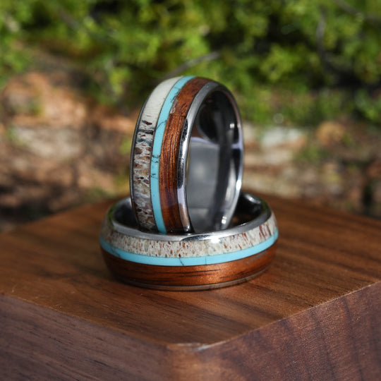 Deer Antler Hawaiian Koa Wood Turquoise Tungsten Wedding Band Tungsten Carbide Ring Men’s Anniversary Ring Unisex Ring Gift