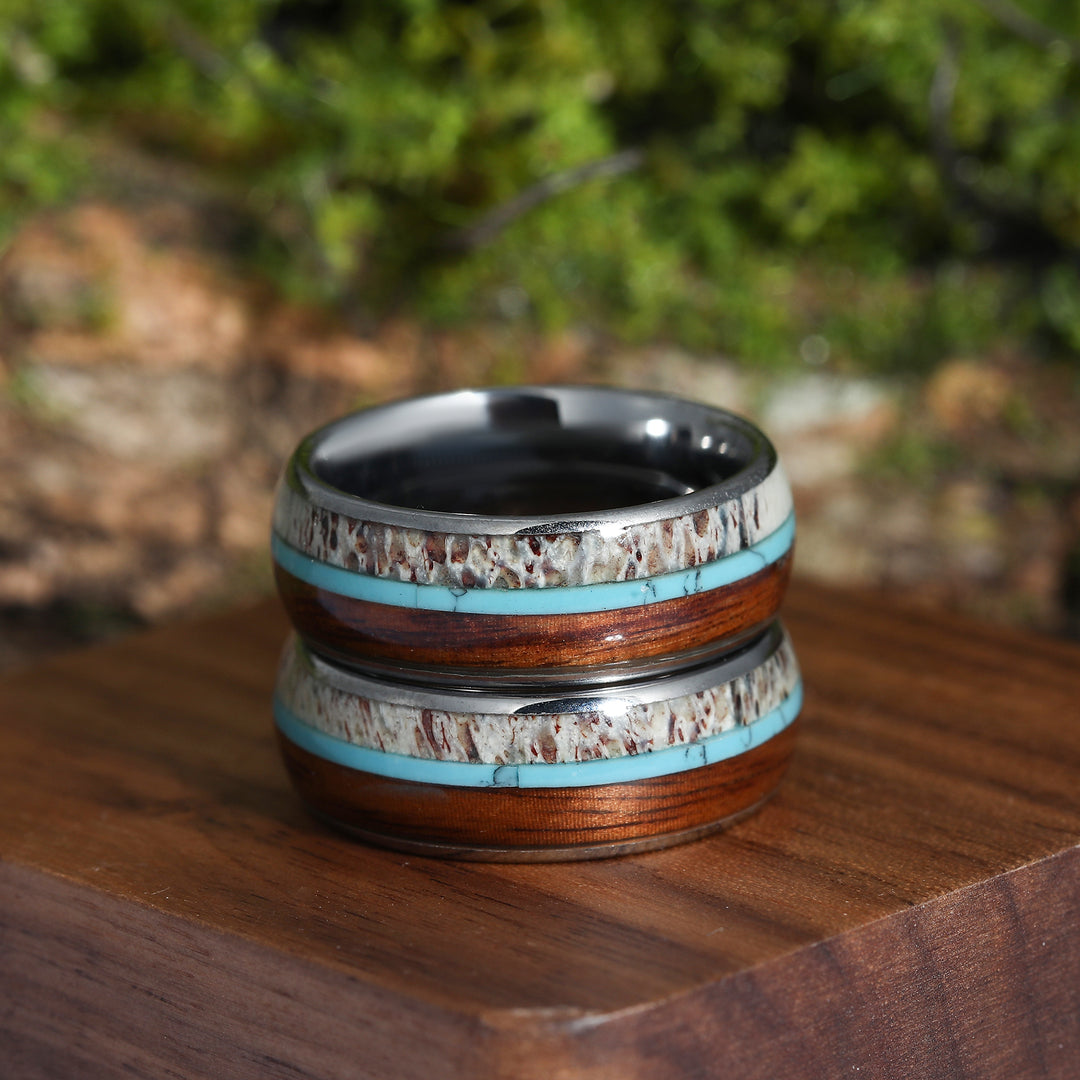 Deer Antler Hawaiian Koa Wood Turquoise Tungsten Wedding Band Tungsten Carbide Ring Men’s Anniversary Ring Unisex Ring Gift