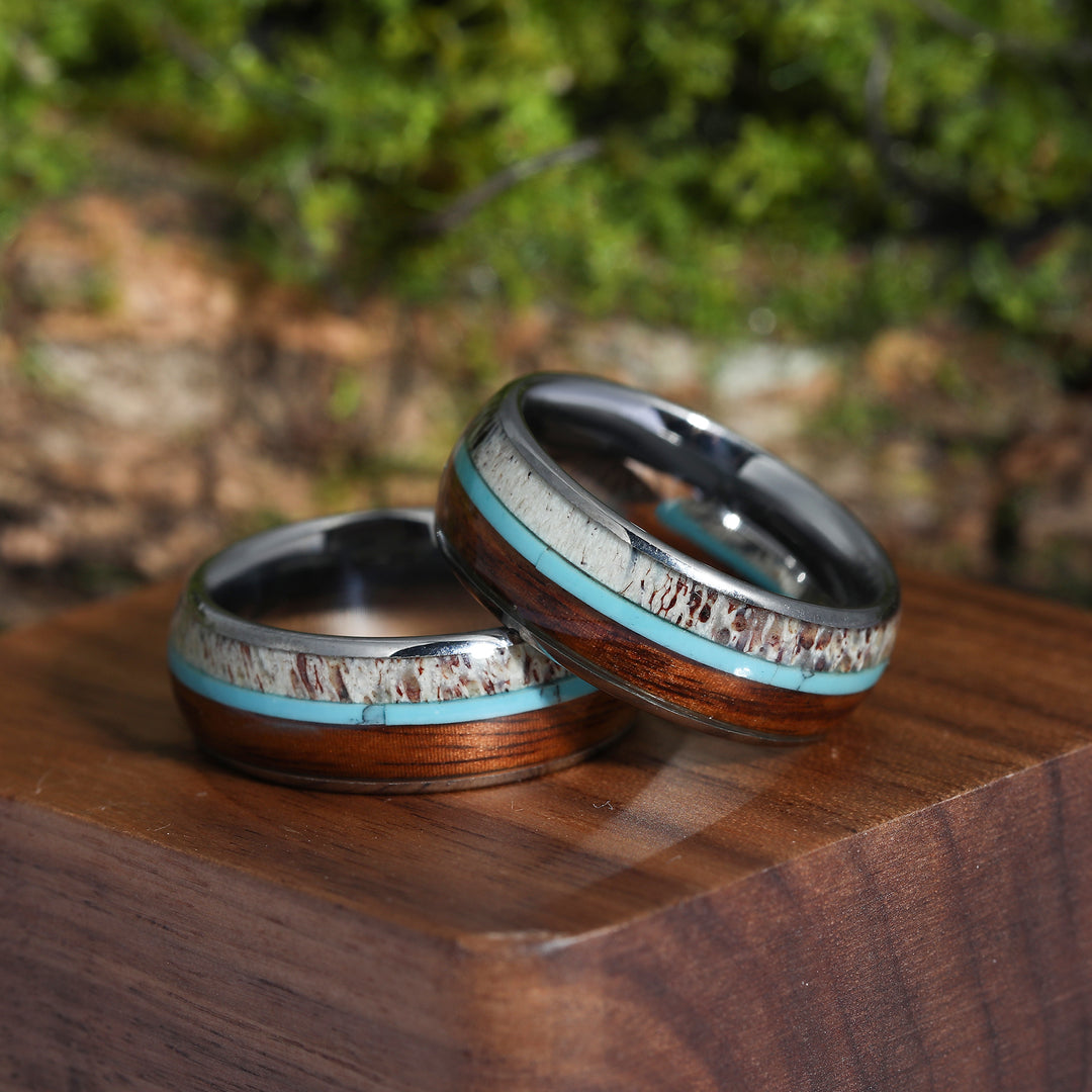 Deer Antler Hawaiian Koa Wood Turquoise Tungsten Wedding Band Tungsten Carbide Ring Men’s Anniversary Ring Unisex Ring Gift