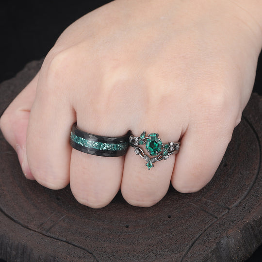 Art Deco Emerald Leaf Branch Couple Rings Leaf Inspired Matching Ring Set Rings For Him And Her