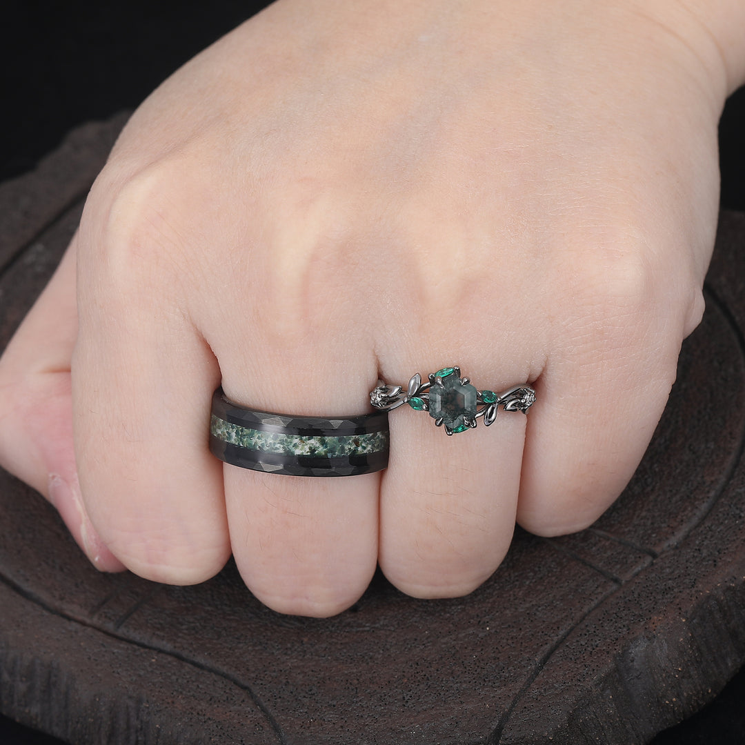 Exquisite Moss Agate Sprigs Engagement Couple Rings Promise Green Tungsten Wedding Rings