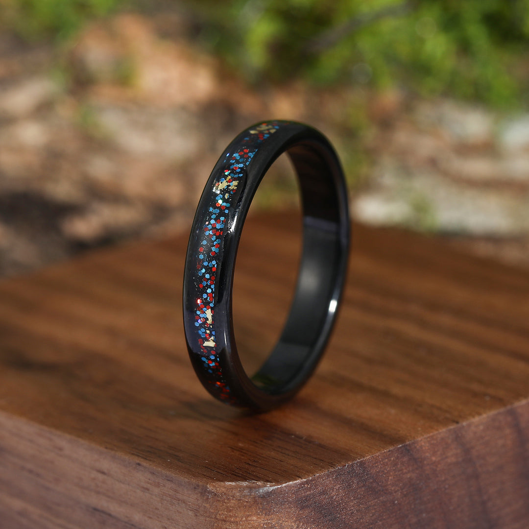 Black Sandstone Embellished With Fine Red And Blue Starry Gold Foil Ring Tungsten Wedding Ring 4mm Polished Dome Ring For Birthday Gift