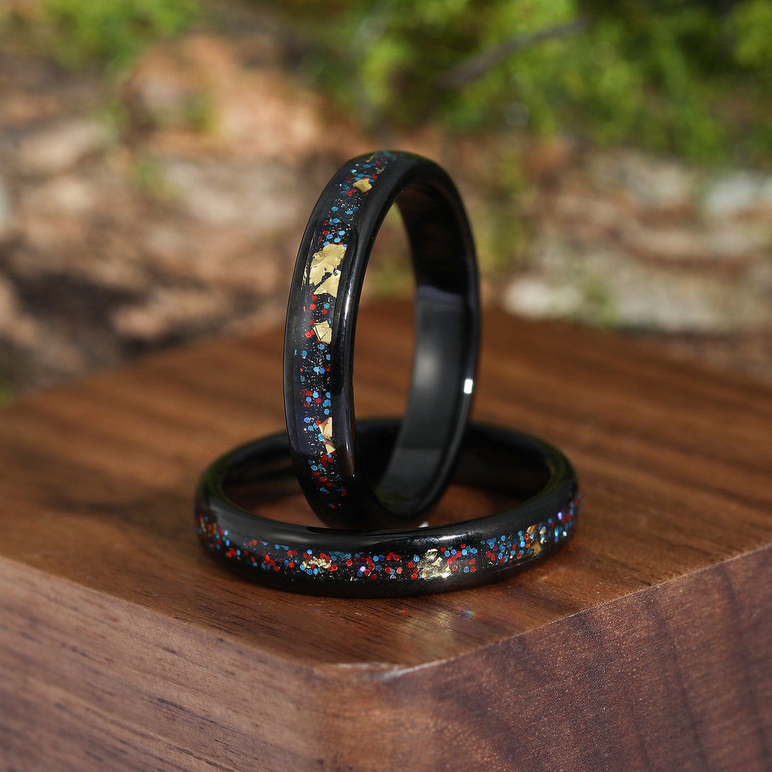 Black Sandstone Embellished With Fine Red And Blue Starry Gold Foil Ring Tungsten Wedding Ring 4mm Polished Dome Ring For Birthday Gift