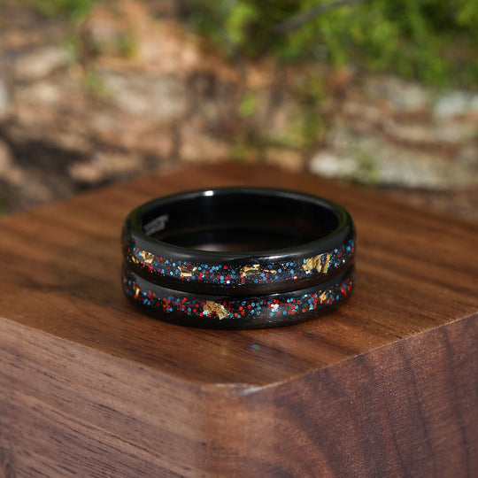 Red Blue Starry Black Sandstone Inlay Tungsten Friendship Rings 4mm Gold Leaf Inlay Forever Rings for Friends