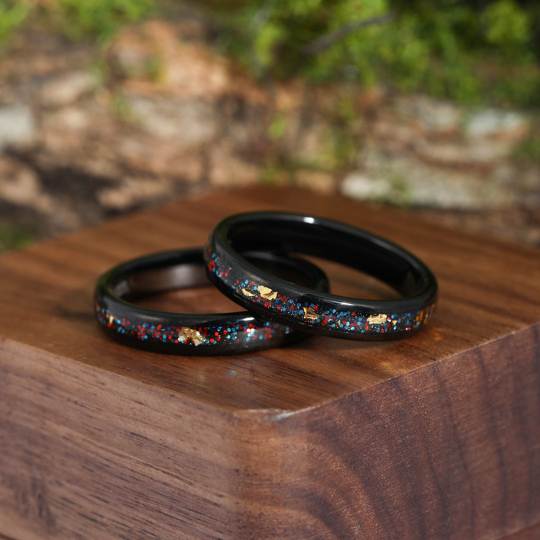 Red Blue Starry Black Sandstone Inlay Tungsten Friendship Rings 4mm Gold Leaf Inlay Forever Rings for Friends