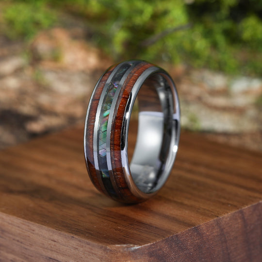 Shell And Wood Grain Inlay Silver Tungsten Promise Ring 8mm Polished Dome Ring Men’s Anniversary Ring