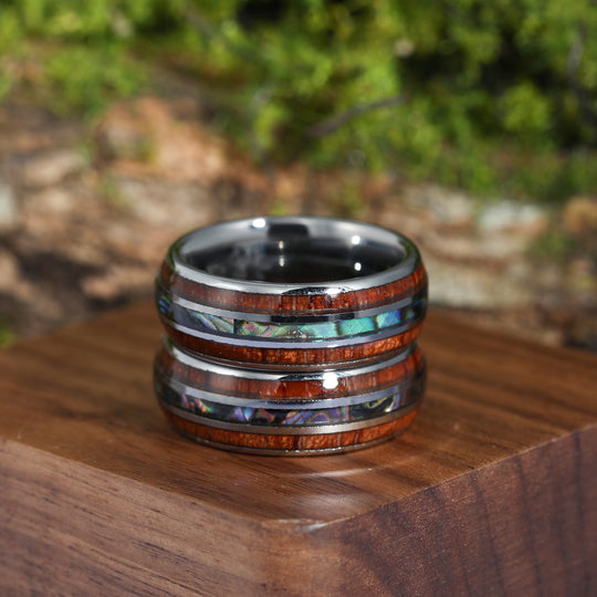 Shell And Wood Grain Inlay Silver Tungsten Promise Ring 8mm Polished Dome Ring Men’s Anniversary Ring