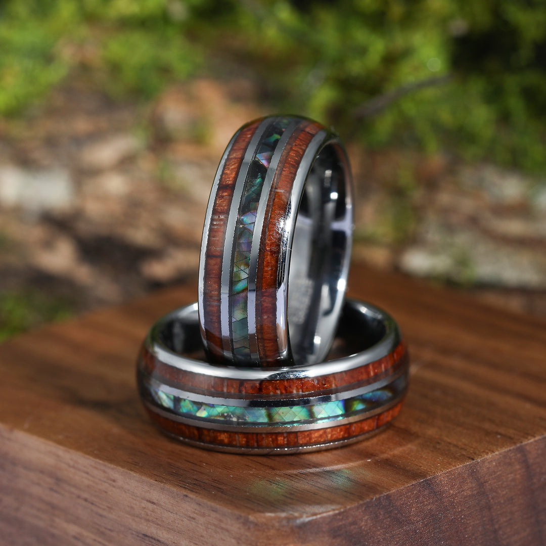 Shell And Wood Grain Inlay Silver Tungsten Promise Ring 8mm Polished Dome Ring Men’s Anniversary Ring