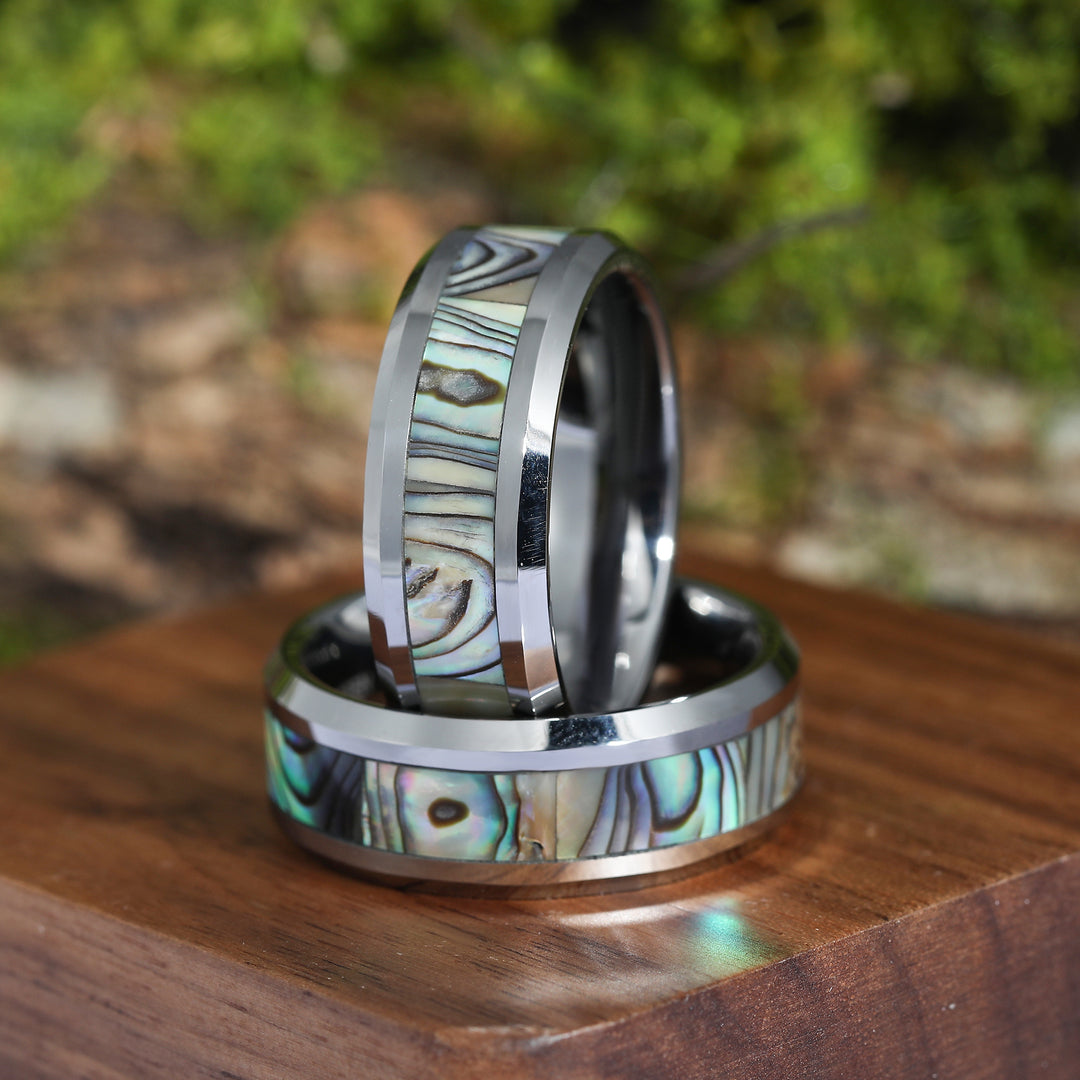 8mm Camouflage Shell Inlay Silver Tungsten Ring Unisex Ring Gift