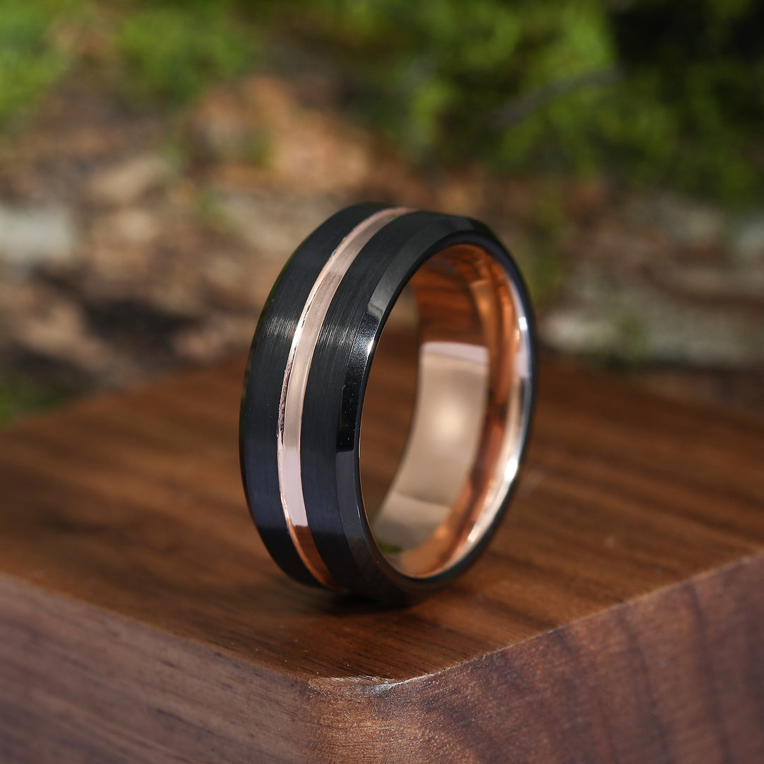 Simple 8mm Black and Rose Gold Tungsten Ring Unisex Ring Gift