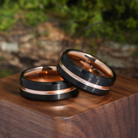 Simple 8mm Black and Rose Gold Tungsten Ring Unisex Ring Gift