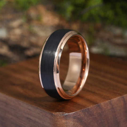 8mm Polished Black Brushed Rose Gold Tungsten Ring Men’s Anniversary Ring