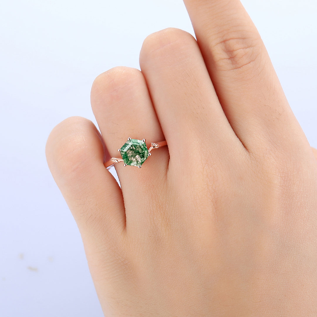 1.35CT hexagon Cut Natural Moss Agate leaf Curved Solitaire Ring