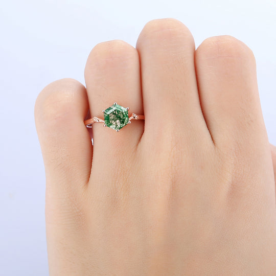 1.35CT hexagon Cut Natural Moss Agate leaf Curved Solitaire Ring