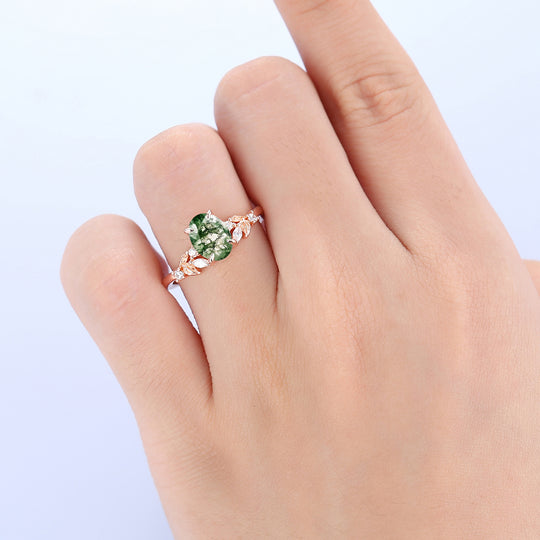 1.5 Carat Oval Shaped Natural Moss Agate Leaf Stackable Cluster Engagement Ring