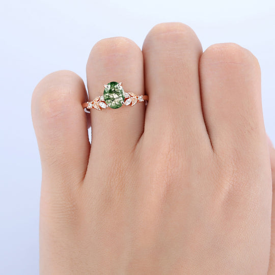 1.5 Carat Oval Shaped Natural Moss Agate Leaf Stackable Cluster Engagement Ring