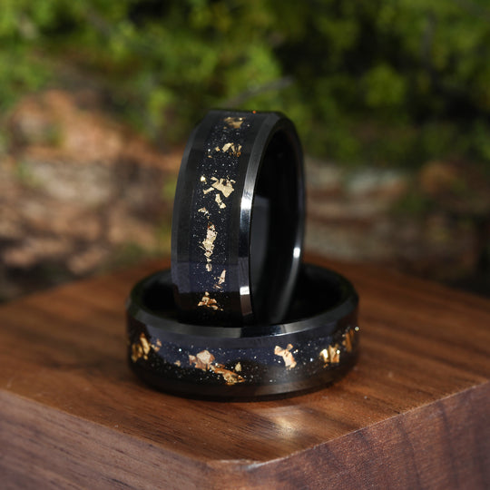 Crushed 18K Gold Leaf Man Black Tungsten Wedding Ring 8mm Polished Anniversary Promise Inlay Ring