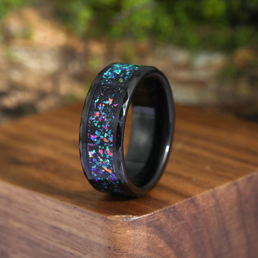 Turquoise And Opal Inlay Black Tungsten Matching Rings for Friends