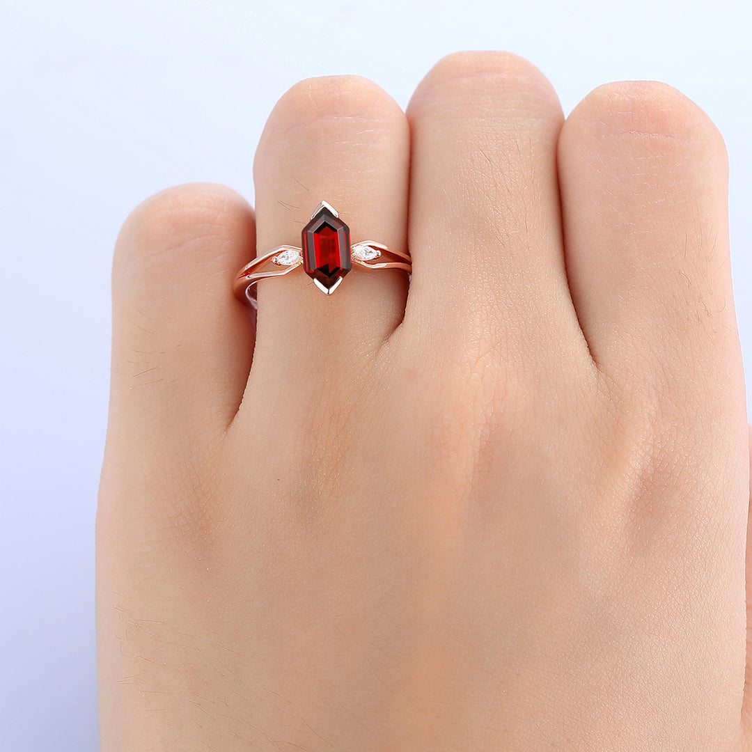 1.1CT  Long Hexagon Cut  Natural Red Garnet 14K Gold Bridal Anniversary Ring