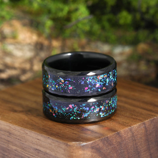 Turquoise And Opal Inlay Black Tungsten Matching Rings for Friends