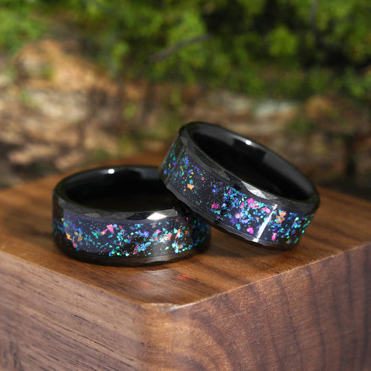 Turquoise And Opal Inlay Black Tungsten Matching Rings for Friends