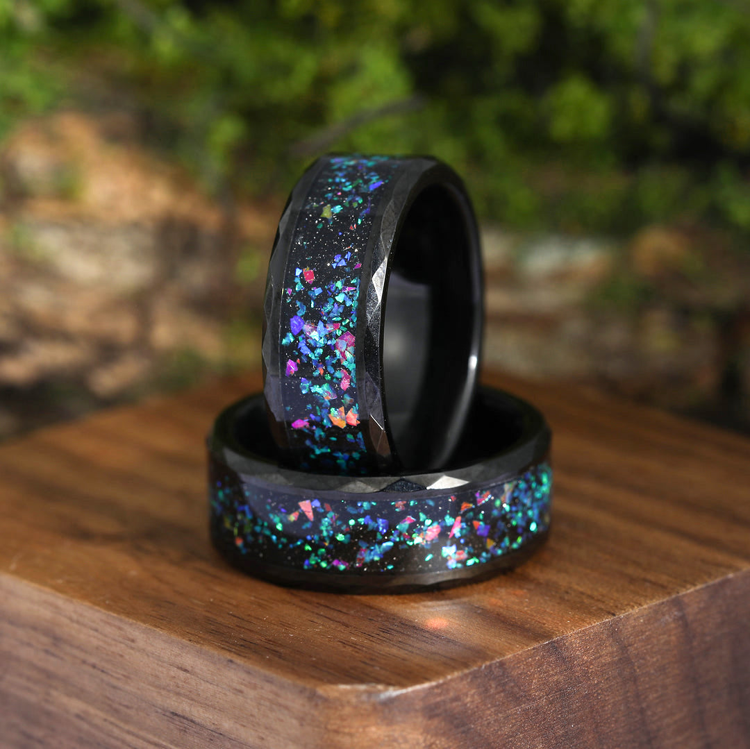 Turquoise And Opal Inlay Black Tungsten Matching Rings for Friends