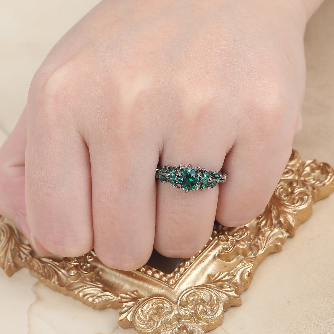 Ensemble de bagues de fiançailles en émeraude pour couples et bague assortie en tungstène avec incrustation de bois, ensemble de bagues pour lui et pour elle