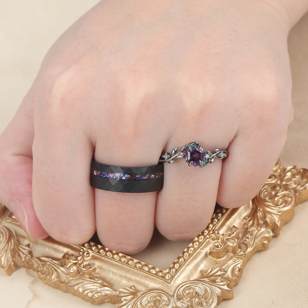 Wheat Shank Natural Amethyst Engagement Couple Rings 925 Sterling Silver And Black Tungsten Matching Ring